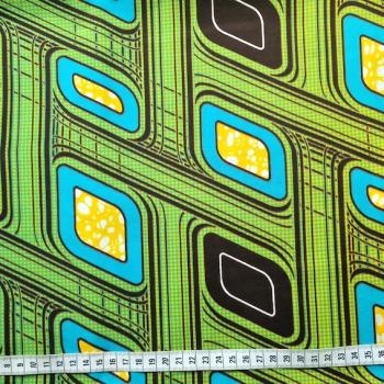 Preview: Afrikanischer Wax Print Stoff Baumwolle YELLOW TURQUOISE RETRO